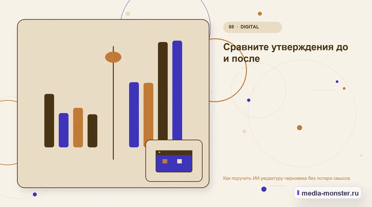 Сравнение вариантов. Сравните утверждения до и после: иллюстрация к статье «Как поручить ИИ редактуру черновика без потери смысла»