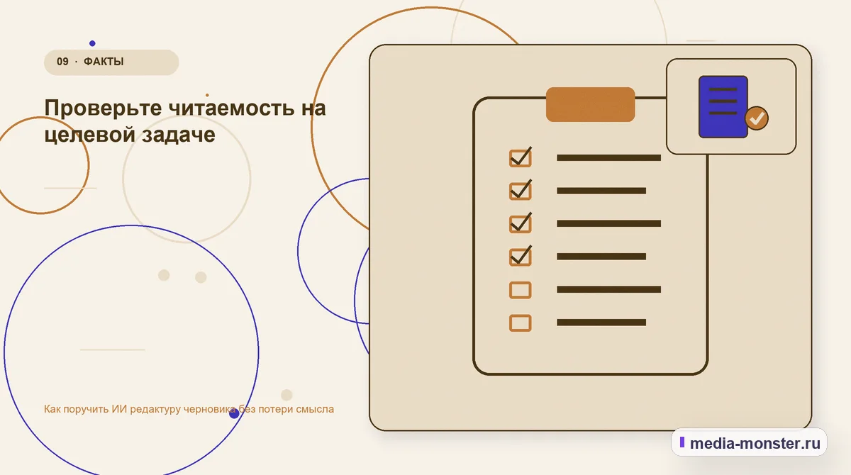 Изображение 9: Контрольные показатели — Как поручить ИИ редактуру черновика без потери смысла | Media Monster Контрольные показатели. Проверьте читаемость на целевой задаче: иллюстрация к статье «Как поручить ИИ редактуру черновика без потери смысла»