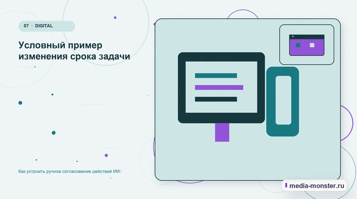 Изображение 7: Каналы и точки контакта — Как устроить ручное согласование действий ИИ | Media Monster Каналы и точки контакта. Условный пример изменения срока задачи: иллюстрация к статье «Как устроить ручное согласование действий ИИ»