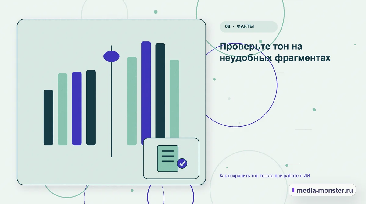Изображение 8: Сравнение вариантов — Как сохранить тон текста при работе с ИИ | Media Monster Сравнение вариантов. Проверьте тон на неудобных фрагментах: иллюстрация к статье «Как сохранить тон текста при работе с ИИ»