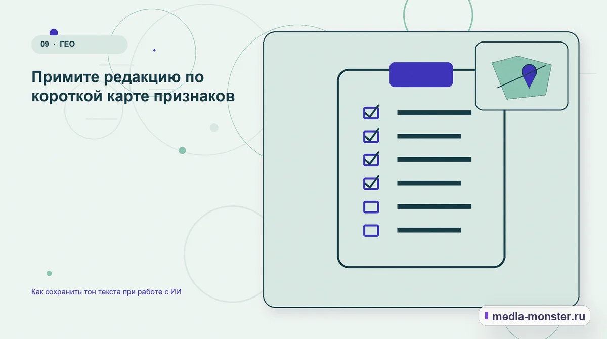 Контрольные показатели. Примите редакцию по короткой карте признаков: иллюстрация к статье «Как сохранить тон текста при работе с ИИ»