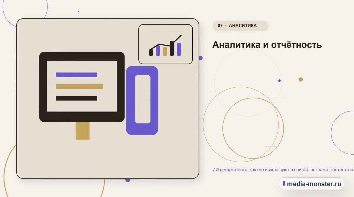 Каналы и точки контакта. Аналитика и отчётность: иллюстрация к статье «ИИ в маркетинге: как его используют в поиске, рекламе, контенте и аналитике»