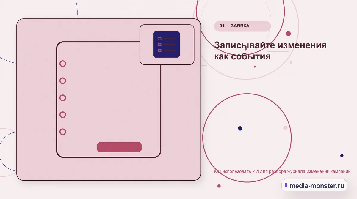 Ключевая тема материала. Записывайте изменения как события: иллюстрация к статье «Как использовать ИИ для разбора журнала изменений кампаний»