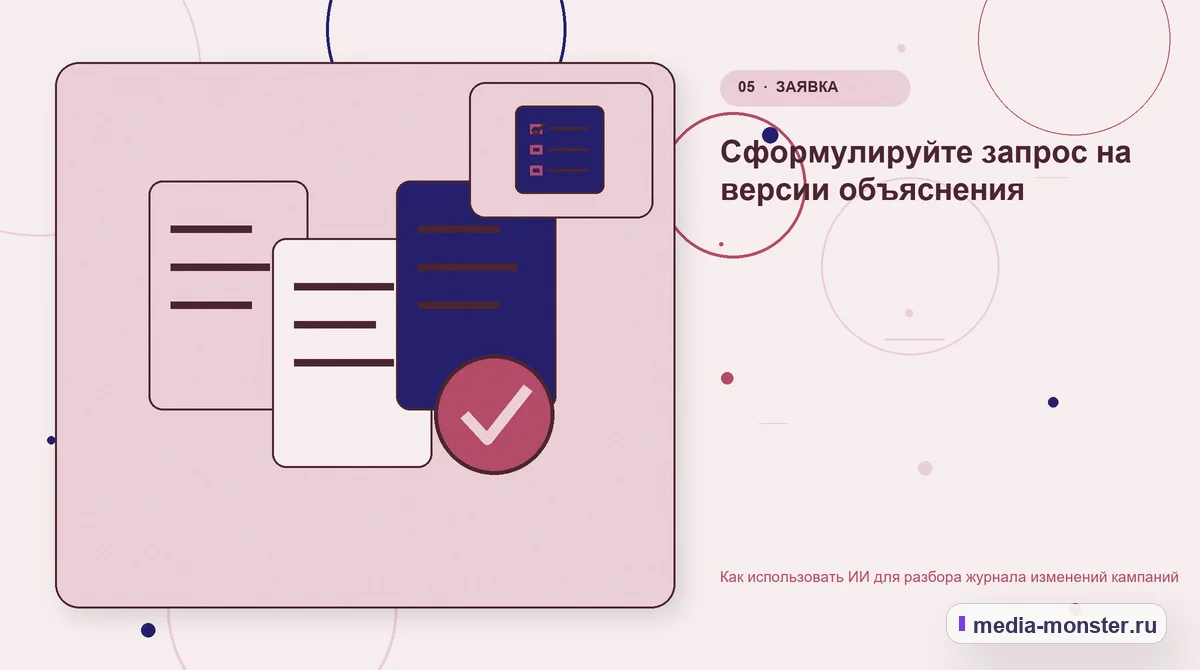 Изображение 5: Данные и доказательства — Как использовать ИИ для разбора журнала изменений кампаний | Media Monster Данные и доказательства. Сформулируйте запрос на версии объяснения: иллюстрация к статье «Как использовать ИИ для разбора журнала изменений кампаний»