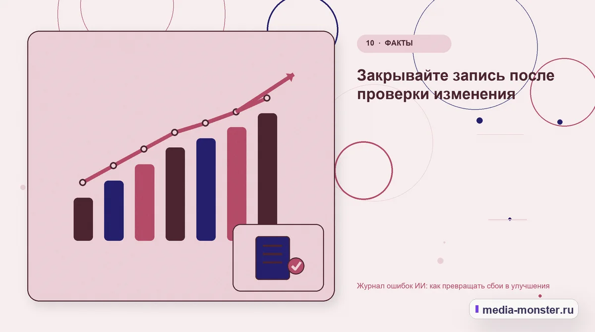 Изображение 10: Итог и следующий шаг — Журнал ошибок ИИ: как превращать сбои в улучшения | Media Monster Итог и следующий шаг. Закрывайте запись после проверки изменения: иллюстрация к статье «Журнал ошибок ИИ: как превращать сбои в улучшения»