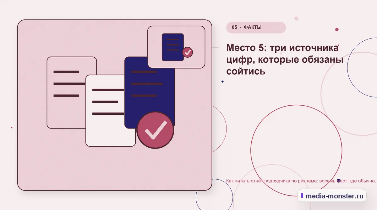 Изображение 5: Данные и доказательства — Как читать отчёт подрядчика по рекламе: восемь мест, где обычно прячут проблемы | Media Monster Данные и доказательства. Место 5: три источника цифр, которые обязаны сойтись: иллюстрация к статье «Как читать отчёт подрядчика по рекламе: восемь мест, где обычно прячут проблемы»