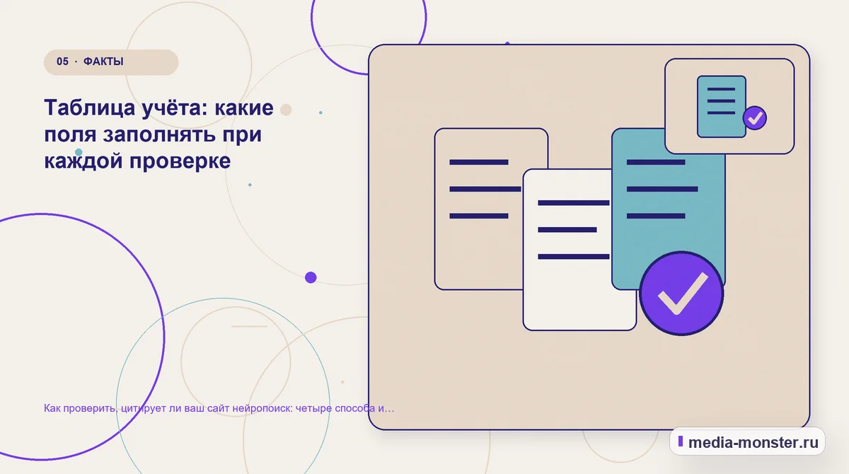 Данные и доказательства. Таблица учёта: какие поля заполнять при каждой проверке: иллюстрация к статье «Как проверить, цитирует ли ваш сайт нейропоиск: четыре способа и таблица замеров»