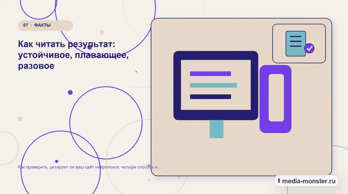 Каналы и точки контакта. Как читать результат: устойчивое, плавающее, разовое: иллюстрация к статье «Как проверить, цитирует ли ваш сайт нейропоиск: четыре способа и таблица замеров»