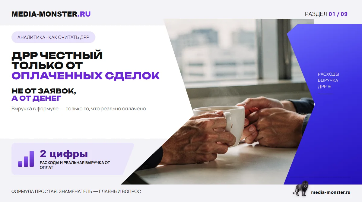 Изображение 1: ДРР честный только от оплаченных сделок — иллюстрация к статье «Как считать ДРР и не обманывать себя» | Media Monster ДРР честный только от оплаченных сделок — иллюстрация к статье «Как считать ДРР и не обманывать себя»