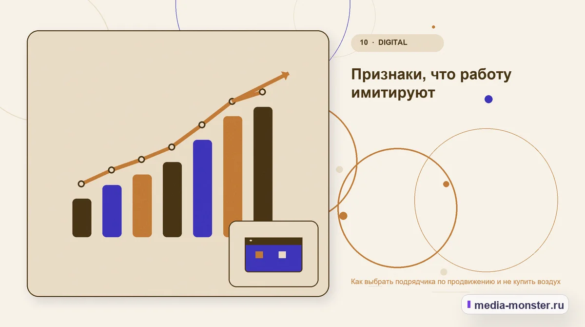 Изображение 10: Итог и следующий шаг — Как выбрать подрядчика по продвижению и не купить воздух | Media Monster Итог и следующий шаг. Признаки, что работу имитируют: иллюстрация к статье «Как выбрать подрядчика по продвижению и не купить воздух»