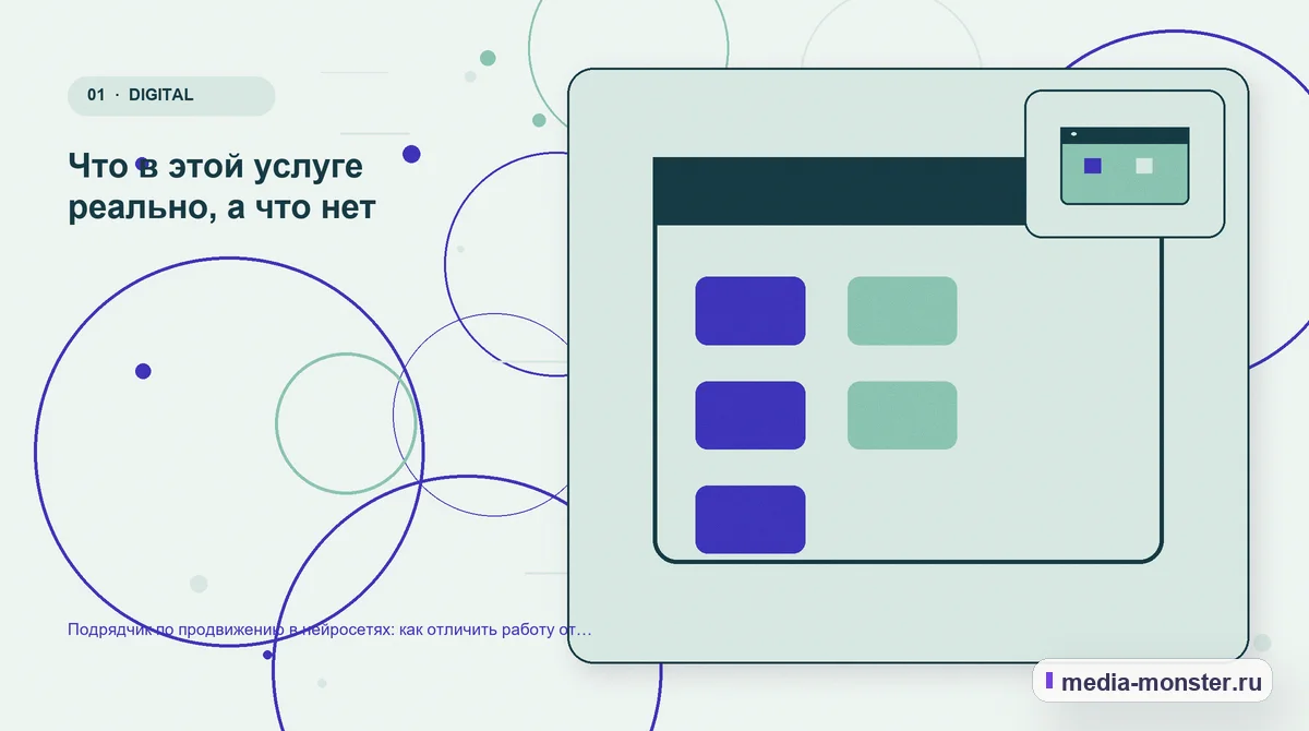 Изображение 1: Ключевая тема материала — Подрядчик по продвижению в нейросетях: как отличить работу от красивых слов | Media Monster Ключевая тема материала. Что в этой услуге реально, а что нет: иллюстрация к статье «Подрядчик по продвижению в нейросетях: как отличить работу от красивых слов»