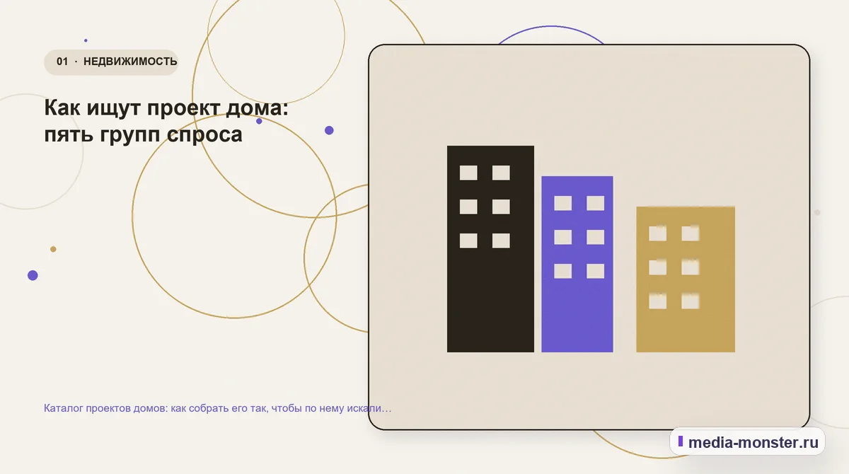 Изображение 1: Ключевая тема материала — Каталог проектов домов: как собрать его так, чтобы по нему искали и заказывали | Media Monster Ключевая тема материала. Как ищут проект дома: пять групп спроса: иллюстрация к статье «Каталог проектов домов: как собрать его так, чтобы по нему искали и заказывали»