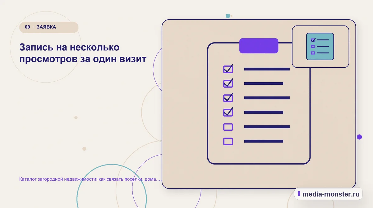 Изображение 9: Контрольные показатели — Каталог загородной недвижимости: как связать посёлки, дома, участки и реальные фильтры выбора | Media Monster Контрольные показатели. Запись на несколько просмотров за один визит: иллюстрация к статье «Каталог загородной недвижимости: как связать посёлки, дома, участки и реальные фильтры выбора»