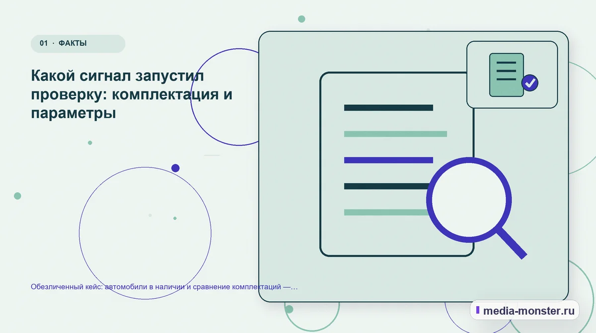 Изображение 1: Ключевая тема материала — Кейс: Автомобили в наличии и сравнение комплектаций — как нашли разрыв между страницей и обращением | Media Monster Ключевая тема материала. Сигнал: где посетитель терял контекст: иллюстрация к статье «Кейс: Автомобили в наличии и сравнение комплектаций — как нашли разрыв между страницей и обращением»