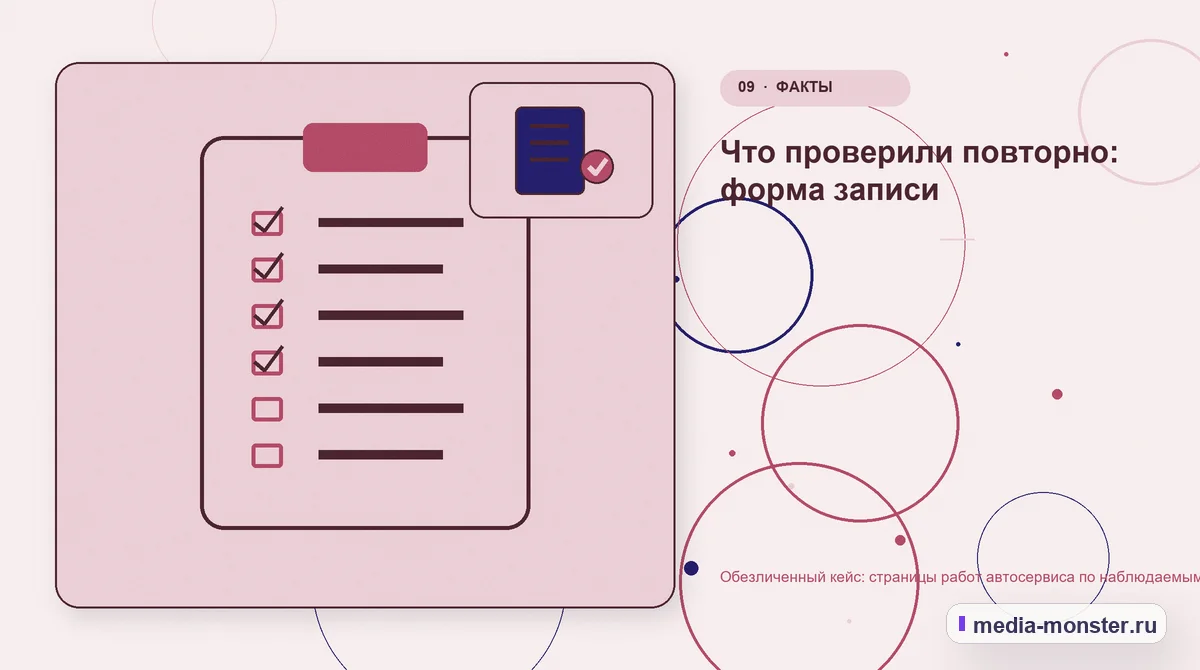 Изображение 9: Контрольные показатели — Кейс: Страницы работ автосервиса по наблюдаемым симптомам. Как нашли разрыв между страницей и обращением | Media Monster Контрольные показатели. Как проверить результат без выдуманных цифр: иллюстрация к статье «Кейс: Страницы работ автосервиса по наблюдаемым симптомам. Как нашли разрыв между страницей и…