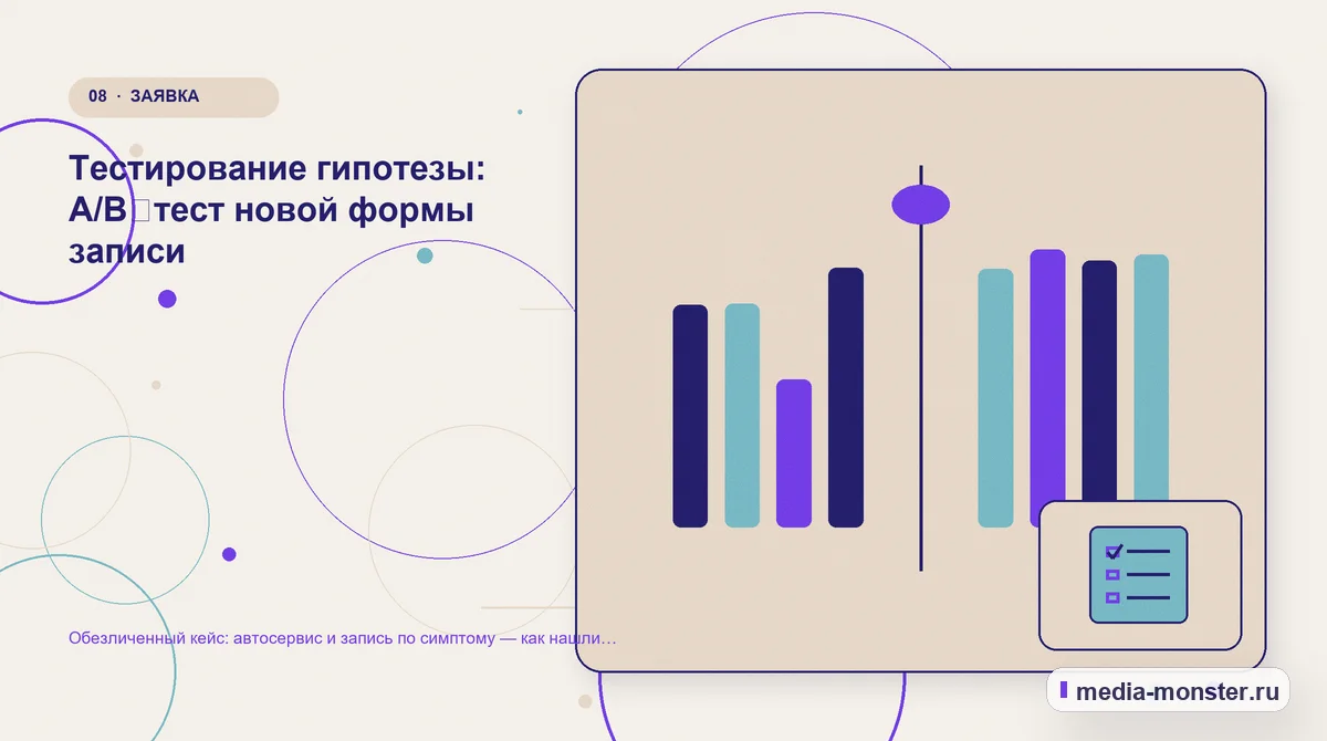 Сравнение вариантов. Как проверить результат без выдуманных цифр: иллюстрация к статье «Кейс: Автосервис и запись по симптому. Как нашли разрыв между страницей и обращением»