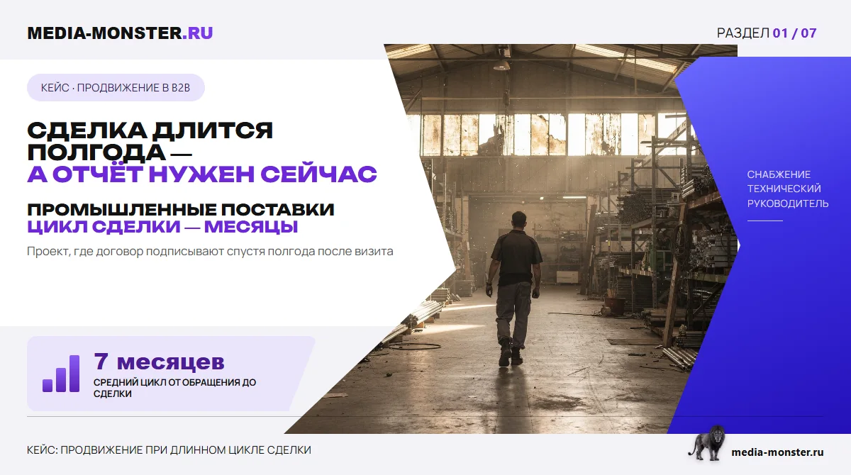 Изображение 1: Сделка длится полгода — а отчёт нужен сейчас — иллюстрация к статье «Кейс: продвижение в B2B, где сделка закрывается через полгода» | Media Monster Сделка длится полгода — а отчёт нужен сейчас — иллюстрация к статье «Кейс: продвижение в B2B, где сделка закрывается через полгода»