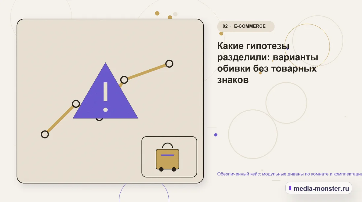Изображение 2: Проблема и точка потери — Обезличенный кейс: модульные диваны по комнате и комплектации — как нашли разрыв и перестроили маршрут | Media Monster Проблема и точка потери. Какие гипотезы разделили: варианты обивки без товарных знаков: иллюстрация к статье «Обезличенный кейс: модульные диваны по комнате и комплектации — как нашли…