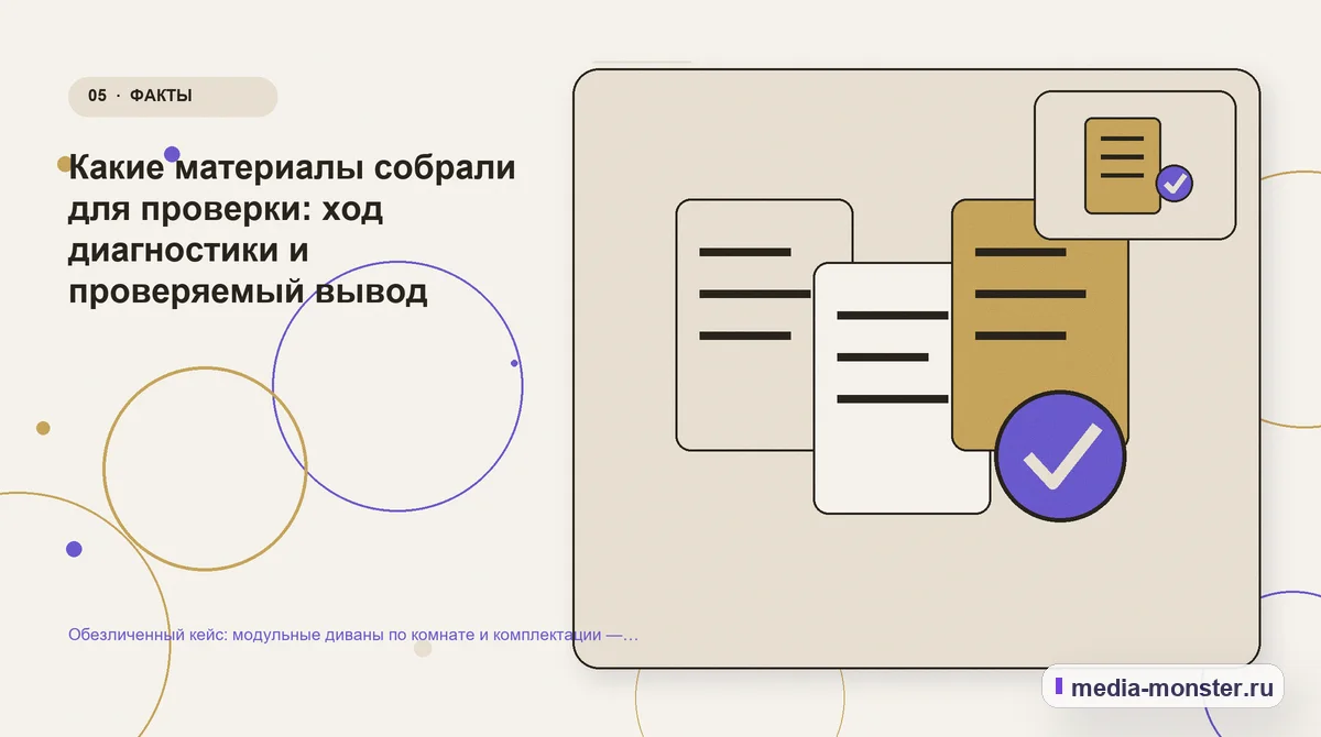 Изображение 5: Данные и доказательства — Обезличенный кейс: модульные диваны по комнате и комплектации — как нашли разрыв и перестроили маршрут | Media Monster Данные и доказательства. Какие материалы собрали для проверки: ход диагностики и проверяемый вывод: иллюстрация к статье «Обезличенный кейс: модульные диваны по комнате и комплектации —…