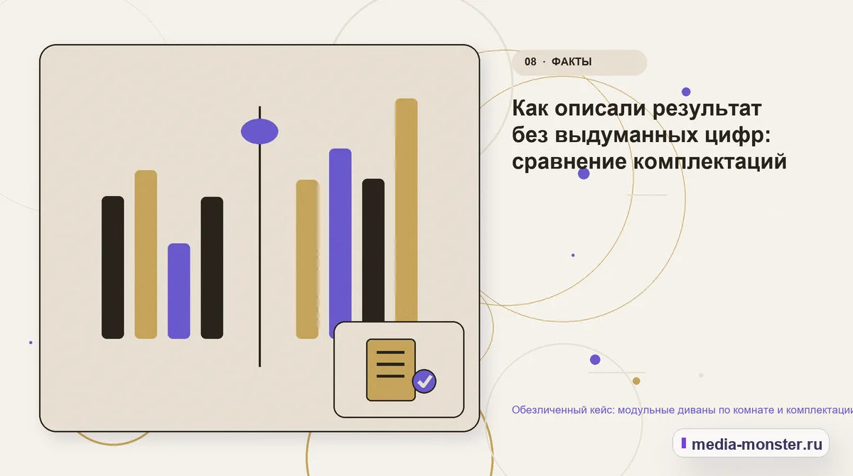 Изображение 8: Сравнение вариантов — Обезличенный кейс: модульные диваны по комнате и комплектации — как нашли разрыв и перестроили маршрут | Media Monster Сравнение вариантов. Как описали результат без выдуманных цифр: сравнение комплектаций: иллюстрация к статье «Обезличенный кейс: модульные диваны по комнате и комплектации — как нашли…