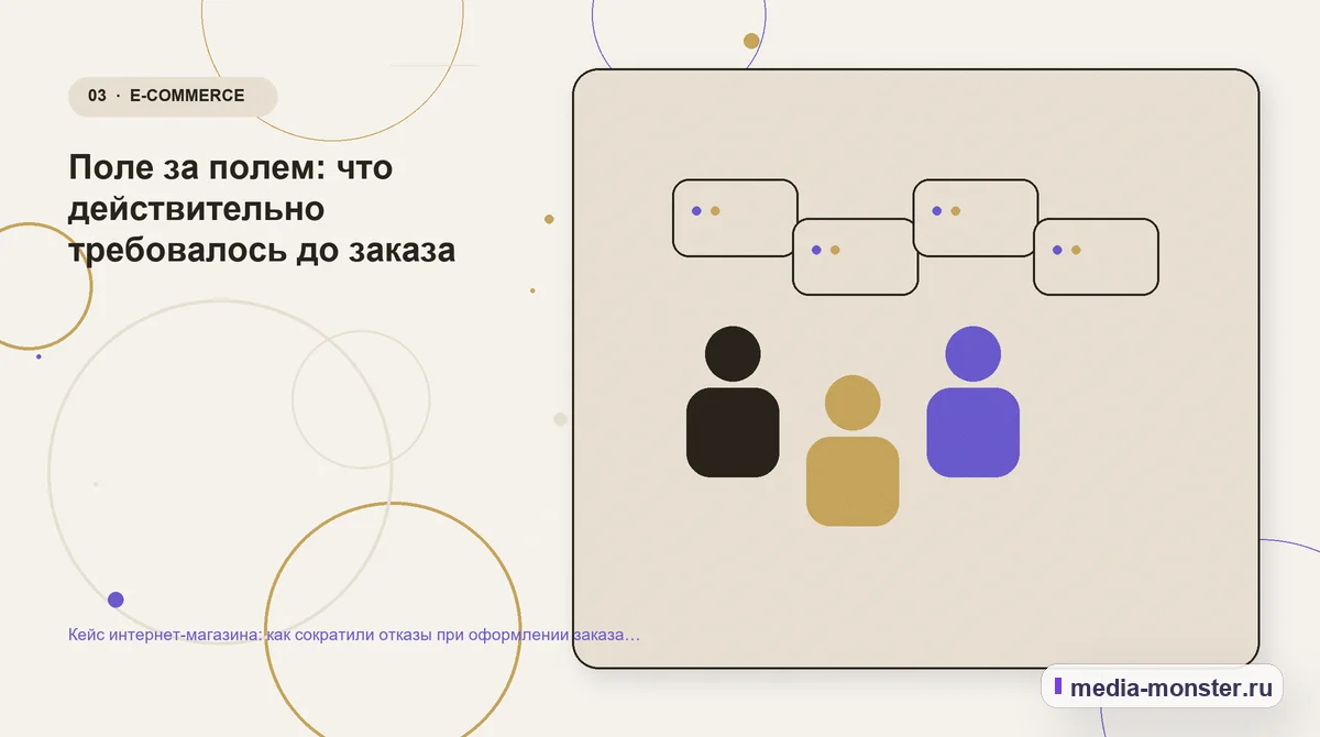 Изображение 3: Аудитория и сценарий выбора — Кейс интернет-магазина: как сократили отказы при оформлении заказа без новой рекламной кампании | Media Monster Аудитория и сценарий выбора. Поле за полем: что действительно требовалось до заказа: иллюстрация к статье «Кейс интернет-магазина: как сократили отказы при оформлении заказа без новой…