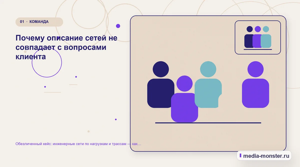 Ключевая тема материала. Почему описание сетей не совпадает с вопросами клиента: иллюстрация к статье «Обезличенный кейс: инженерные сети по нагрузкам и трассам — как нашли разрыв между…