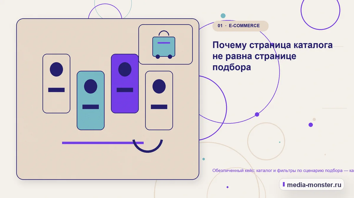 Ключевая тема материала. Почему страница каталога не равна странице подбора: иллюстрация к статье «Обезличенный кейс: каталог и фильтры по сценарию подбора — как нашли разрыв между…