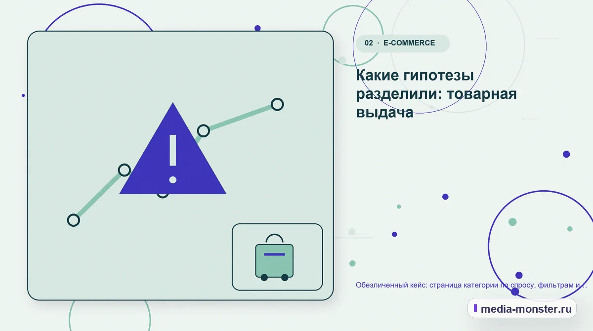 Проблема и точка потери. Какие гипотезы разделили: товарная выдача: иллюстрация к статье «Обезличенный кейс: страница категории по спросу, фильтрам и контенту — как нашли разрыв и…