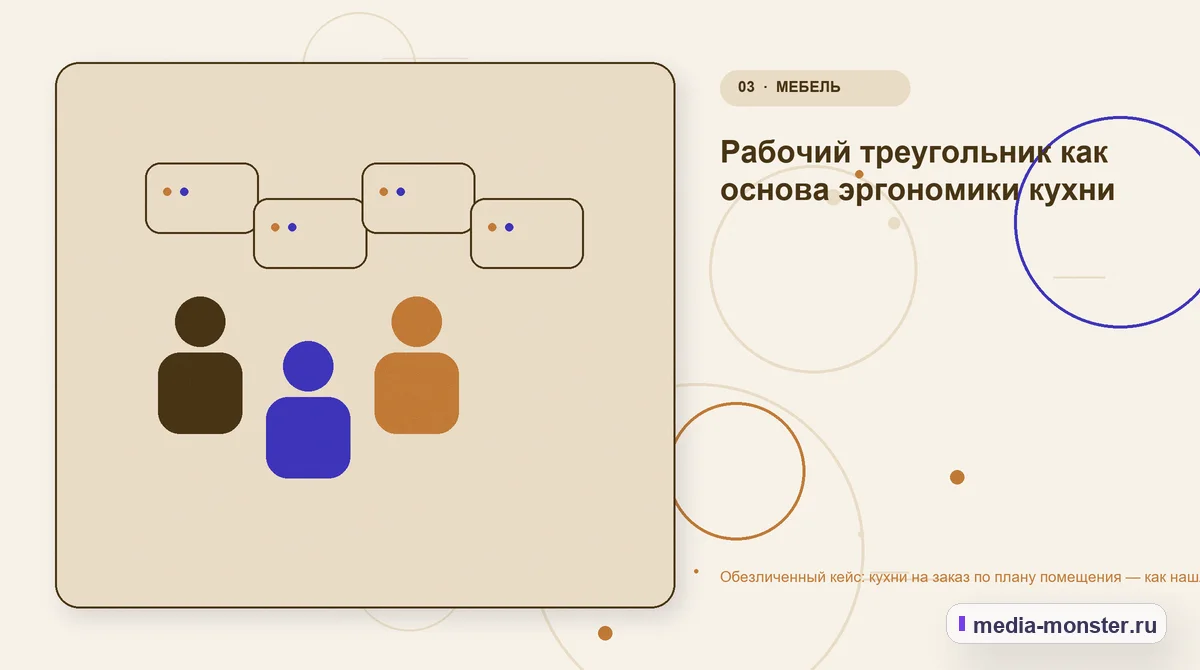Аудитория и сценарий выбора. Рабочий треугольник как основа эргономики кухни: иллюстрация к статье «Обезличенный кейс: кухни на заказ по плану помещения — как нашли разрыв между страницей…