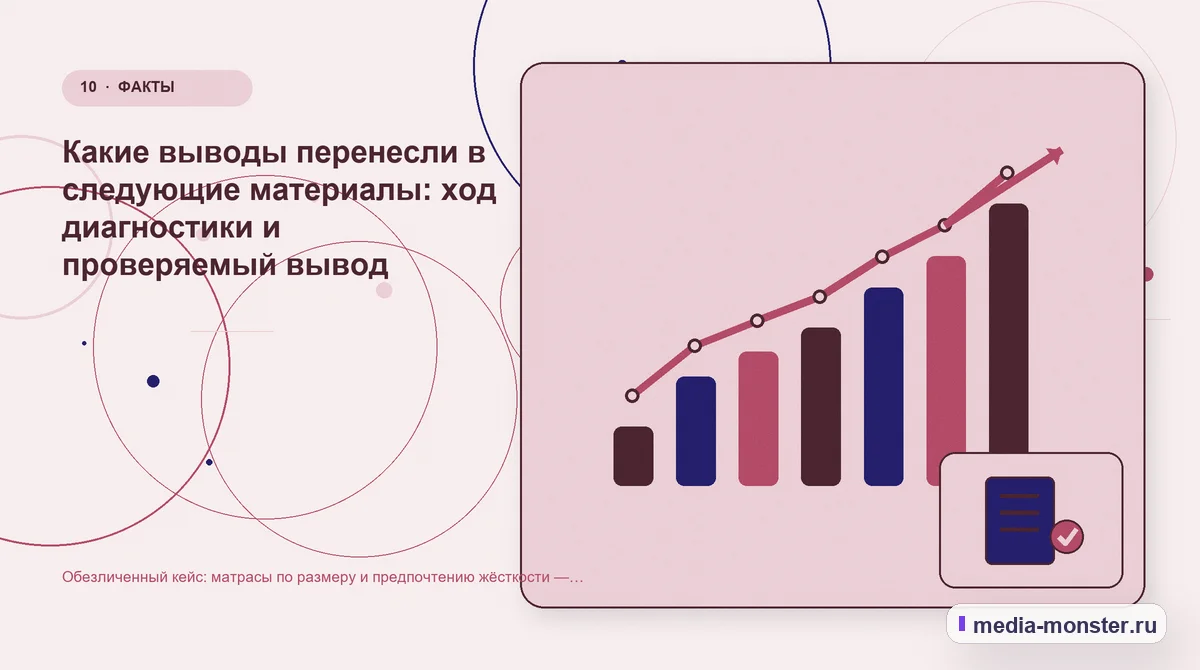 Изображение 10: Итог и следующий шаг — Обезличенный кейс: матрасы по размеру и предпочтению жёсткости — как нашли разрыв и перестроили маршрут | Media Monster Итог и следующий шаг. Какие выводы перенесли в следующие материалы: ход диагностики и проверяемый вывод: иллюстрация к статье «Обезличенный кейс: матрасы по размеру и предпочтению…
