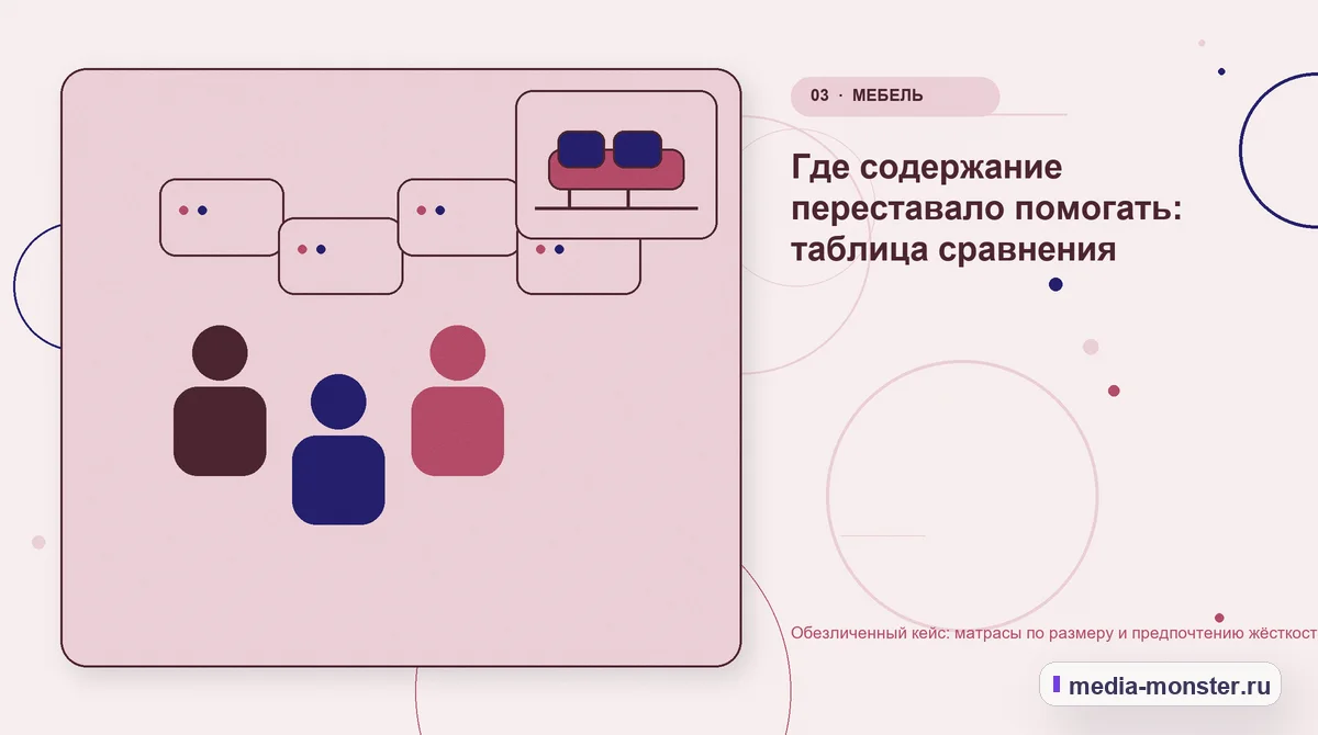 Изображение 3: Аудитория и сценарий выбора — Обезличенный кейс: матрасы по размеру и предпочтению жёсткости — как нашли разрыв и перестроили маршрут | Media Monster Аудитория и сценарий выбора. Где содержание переставало помогать: таблица сравнения: иллюстрация к статье «Обезличенный кейс: матрасы по размеру и предпочтению жёсткости — как нашли разрыв…