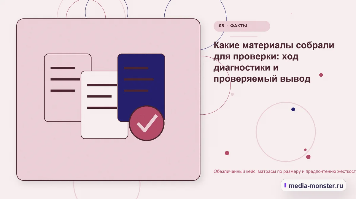 Изображение 5: Данные и доказательства — Обезличенный кейс: матрасы по размеру и предпочтению жёсткости — как нашли разрыв и перестроили маршрут | Media Monster Данные и доказательства. Какие материалы собрали для проверки: ход диагностики и проверяемый вывод: иллюстрация к статье «Обезличенный кейс: матрасы по размеру и предпочтению жёсткости —…