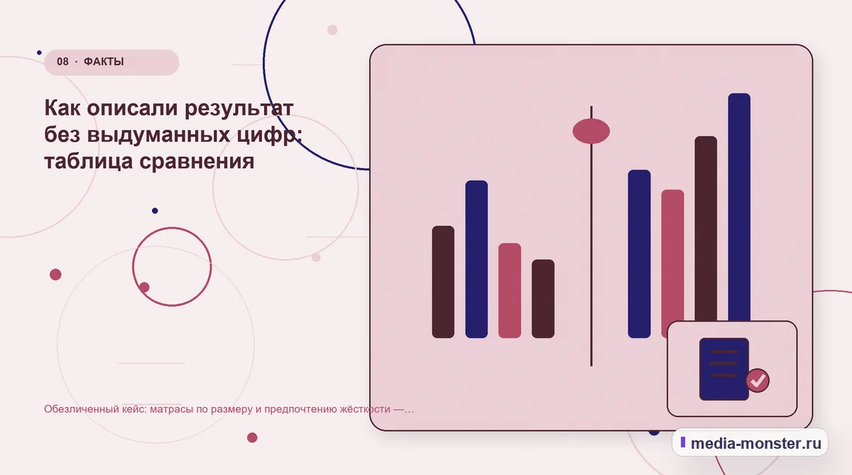 Изображение 8: Сравнение вариантов — Обезличенный кейс: матрасы по размеру и предпочтению жёсткости — как нашли разрыв и перестроили маршрут | Media Monster Сравнение вариантов. Как описали результат без выдуманных цифр: таблица сравнения: иллюстрация к статье «Обезличенный кейс: матрасы по размеру и предпочтению жёсткости — как нашли разрыв и…