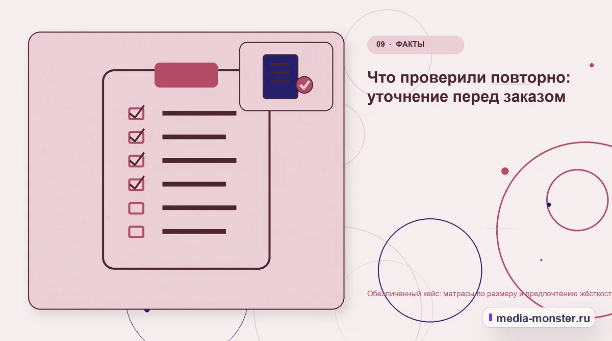 Изображение 9: Контрольные показатели — Обезличенный кейс: матрасы по размеру и предпочтению жёсткости — как нашли разрыв и перестроили маршрут | Media Monster Контрольные показатели. Что проверили повторно: уточнение перед заказом: иллюстрация к статье «Обезличенный кейс: матрасы по размеру и предпочтению жёсткости — как нашли разрыв и…