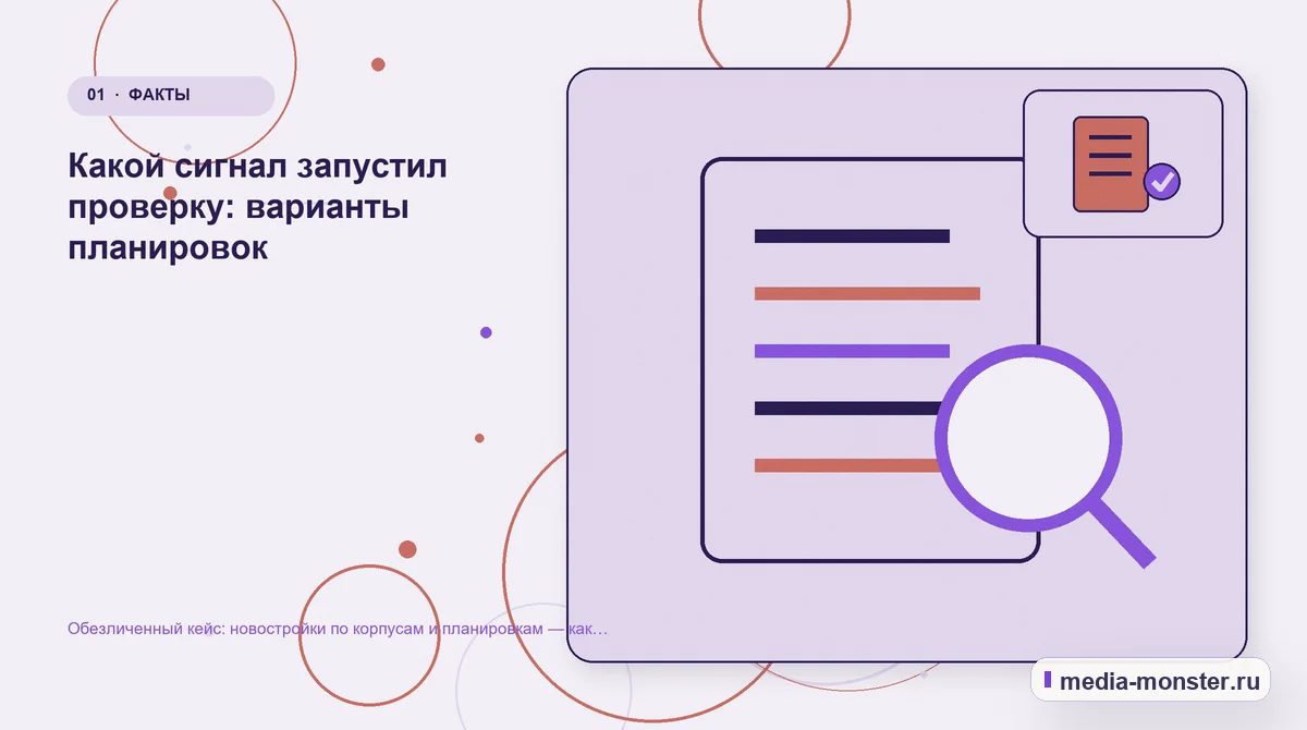 Ключевая тема материала. Какой сигнал запустил проверку: варианты планировок: иллюстрация к статье «Обезличенный кейс: новостройки по корпусам и планировкам — как нашли разрыв и…