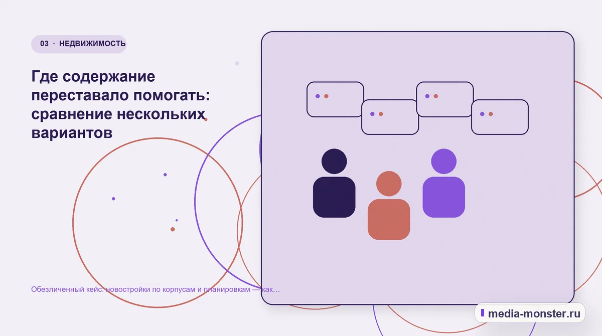 Аудитория и сценарий выбора. Где содержание переставало помогать: сравнение нескольких вариантов: иллюстрация к статье «Обезличенный кейс: новостройки по корпусам и планировкам — как нашли…