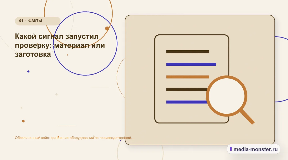 Ключевая тема материала. Какой сигнал запустил проверку: материал или заготовка: иллюстрация к статье «Обезличенный кейс: сравнение оборудования по производственной операции — как нашли…
