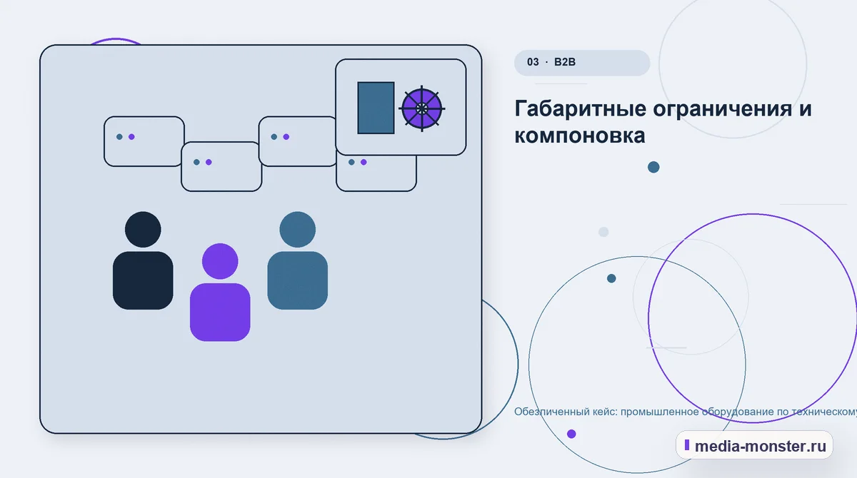 Аудитория и сценарий выбора. Габаритные ограничения и компоновка: иллюстрация к статье «Обезличенный кейс: промышленное оборудование по техническому заданию — как нашли разрыв между…