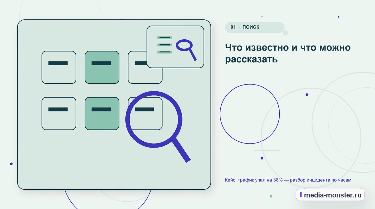 Изображение 1: Ключевая тема материала — Кейс: трафик упал на 38% — разбор инцидента по часам | Media Monster Ключевая тема материала. Что известно и что можно рассказать: иллюстрация к статье «Кейс: трафик упал на 38% — разбор инцидента по часам»