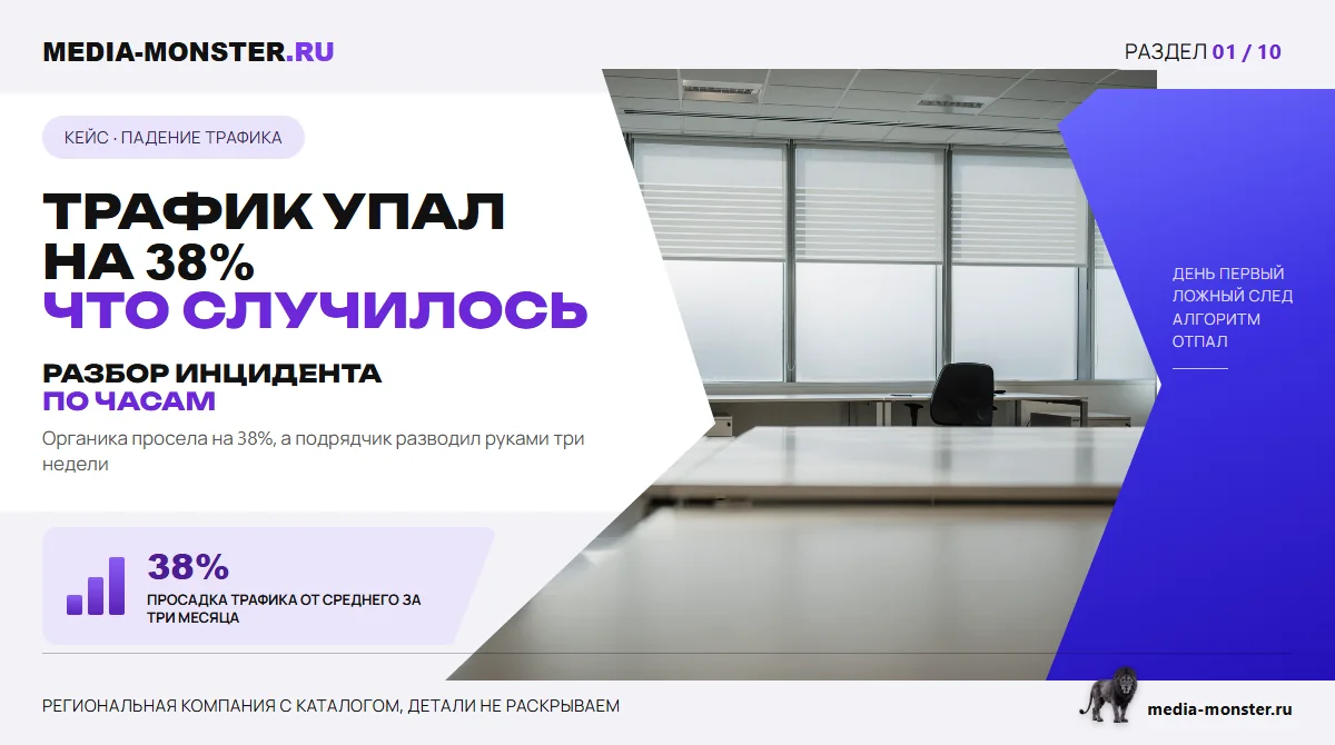 Изображение 1: Трафик упал на 38% что случилось — иллюстрация к статье «Кейс: трафик упал на 38% — разбор инцидента по часам» | Media Monster Трафик упал на 38% что случилось — иллюстрация к статье «Кейс: трафик упал на 38% — разбор инцидента по часам»