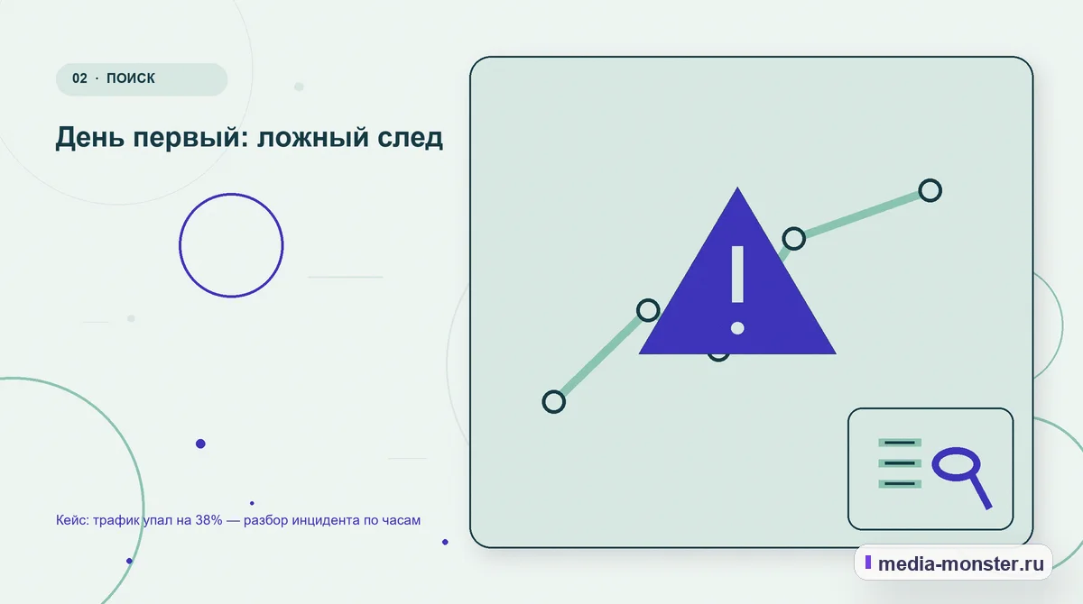 Изображение 2: Проблема и точка потери — Кейс: трафик упал на 38% — разбор инцидента по часам | Media Monster Проблема и точка потери. День первый: ложный след: иллюстрация к статье «Кейс: трафик упал на 38% — разбор инцидента по часам»