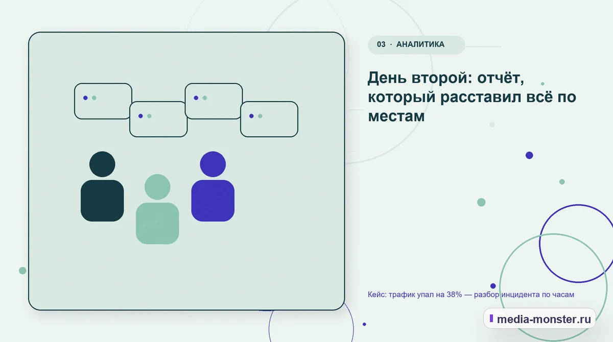 Кейс: трафик упал на 38% — разбор инцидента по часам — иллюстрация к разделу «День второй: отчёт, который расставил всё по местам»