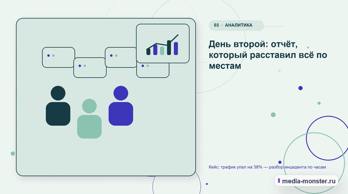 Изображение 3: Аудитория и сценарий выбора — Кейс: трафик упал на 38% — разбор инцидента по часам | Media Monster Аудитория и сценарий выбора. День второй: отчёт, который расставил всё по местам: иллюстрация к статье «Кейс: трафик упал на 38% — разбор инцидента по часам»