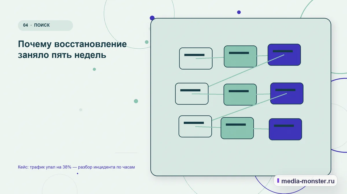 Кейс: трафик упал на 38% — разбор инцидента по часам — иллюстрация к разделу «Почему восстановление заняло пять недель»