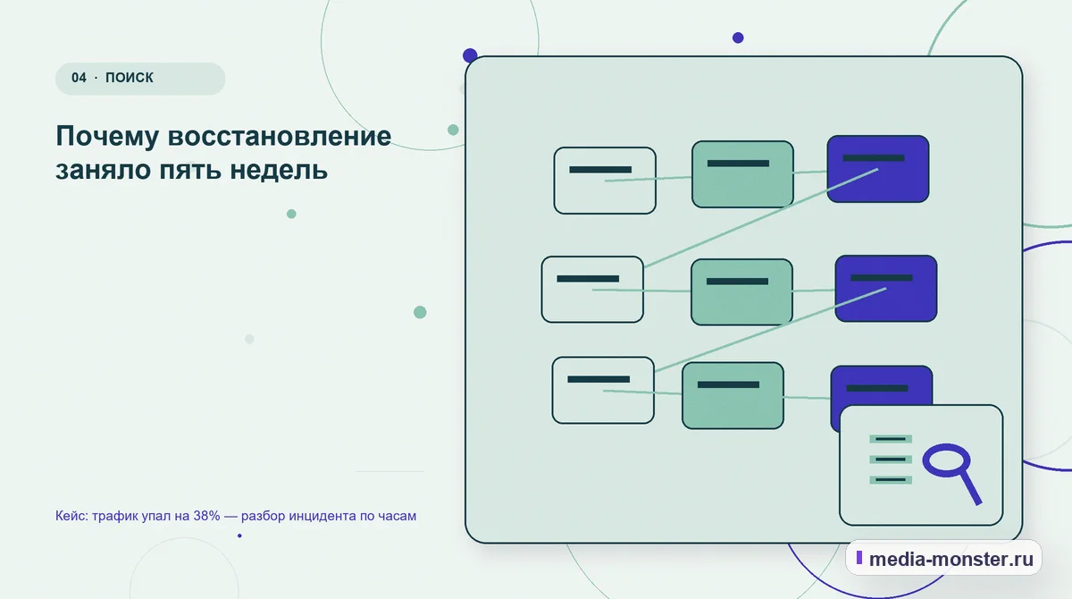 Изображение 4: Структура решения — Кейс: трафик упал на 38% — разбор инцидента по часам | Media Monster Структура решения. Почему восстановление заняло пять недель: иллюстрация к статье «Кейс: трафик упал на 38% — разбор инцидента по часам»