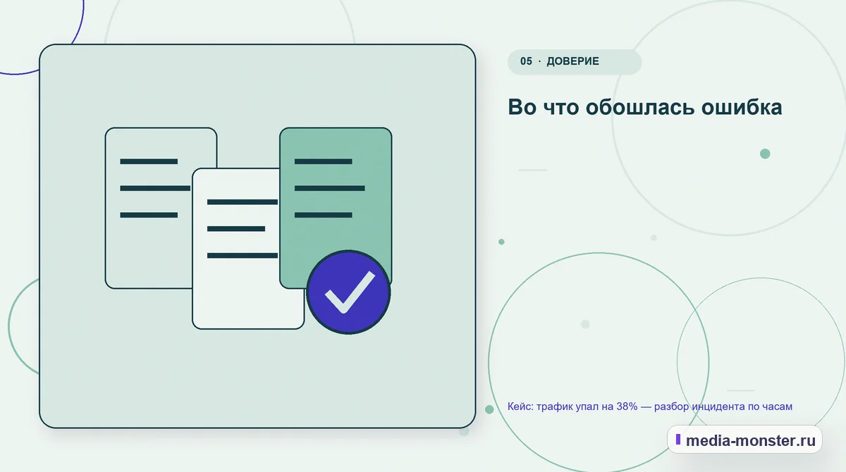Кейс: трафик упал на 38% — разбор инцидента по часам — иллюстрация к разделу «Во что обошлась ошибка»