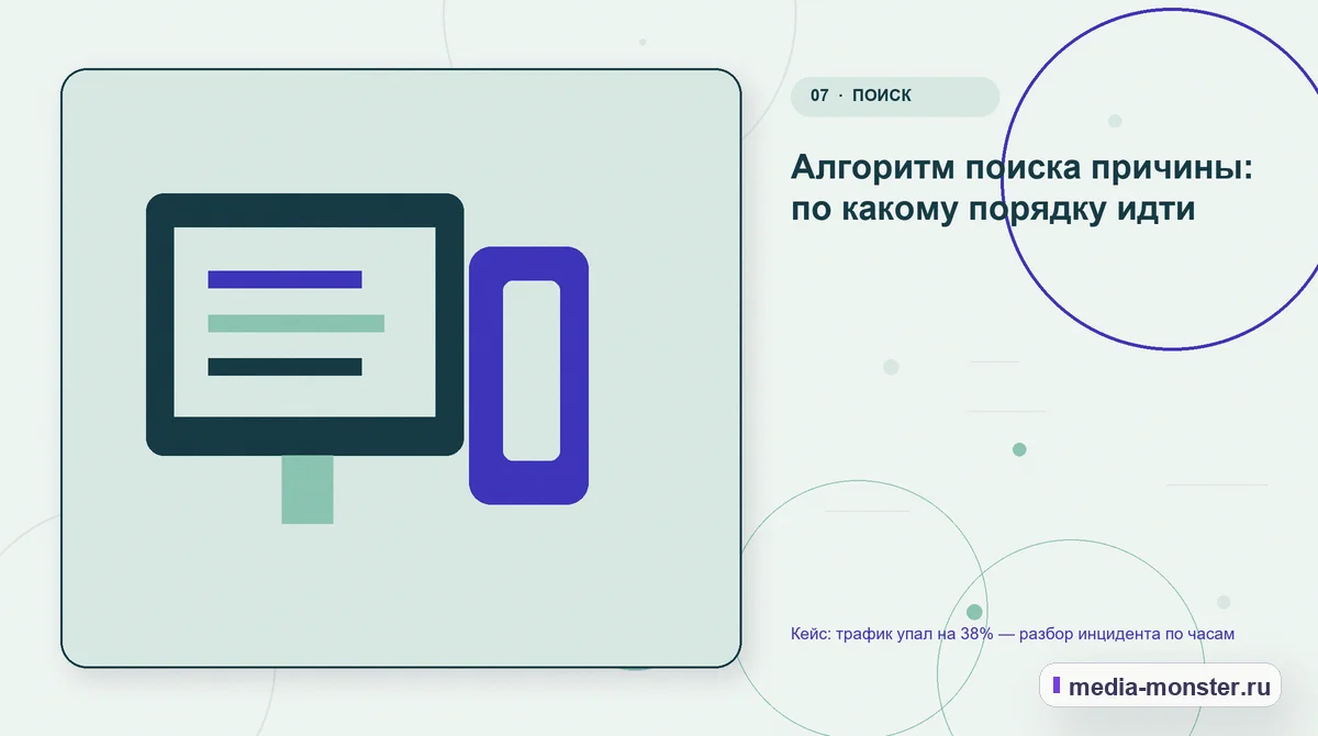 Кейс: трафик упал на 38% — разбор инцидента по часам — иллюстрация к разделу «Алгоритм поиска причины: по какому порядку идти»