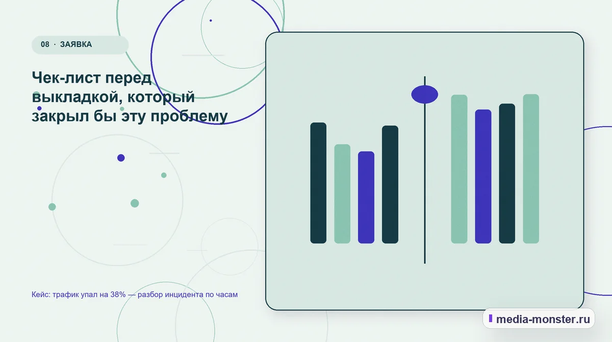 Кейс: трафик упал на 38% — разбор инцидента по часам — иллюстрация к разделу «Чек-лист перед выкладкой, который закрыл бы эту проблему»
