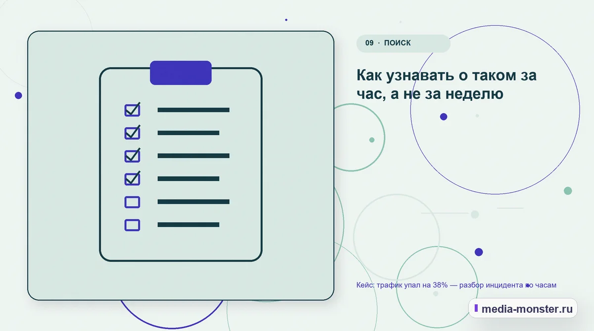 Кейс: трафик упал на 38% — разбор инцидента по часам — иллюстрация к разделу «Как узнавать о таком за час, а не за неделю»