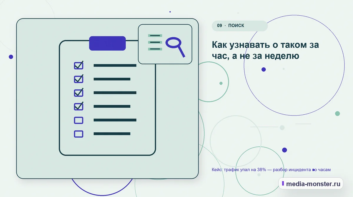 Изображение 9: Контрольные показатели — Кейс: трафик упал на 38% — разбор инцидента по часам | Media Monster Контрольные показатели. Как узнавать о таком за час, а не за неделю: иллюстрация к статье «Кейс: трафик упал на 38% — разбор инцидента по часам»